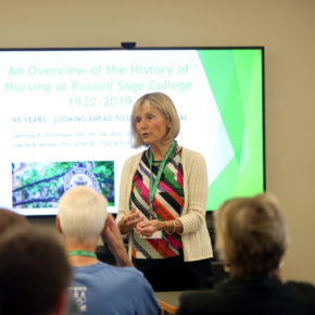 Glenda Kelman speaks to alumnae_i about the history of Russell Sage College's Nursing department.